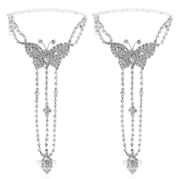 Silver and Diamond Austrian Crystal Butterfly Anklet Foot Chains - Set of 2 - Picture 2 of 6